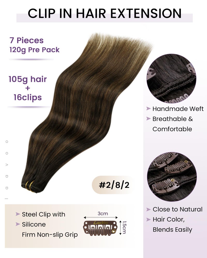 LaaVoo Human Hair Clip in Extensions Darkest Brown Balayage Light Brown Clip in Hair Extensions Real Human Hair Long Clip on Hair Extensions Human Hair Long Straight Double Weft 22 Inch 7Pcs 120g - Image 2